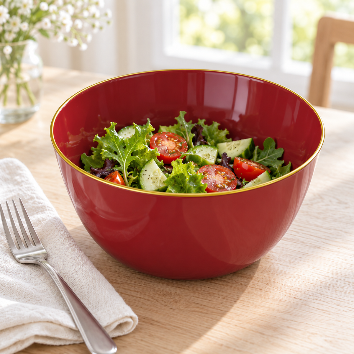A deep burgundy plastic bowl with a thin gold rim holding a small leafy salad on a pale wood table. Food and styling props not included.