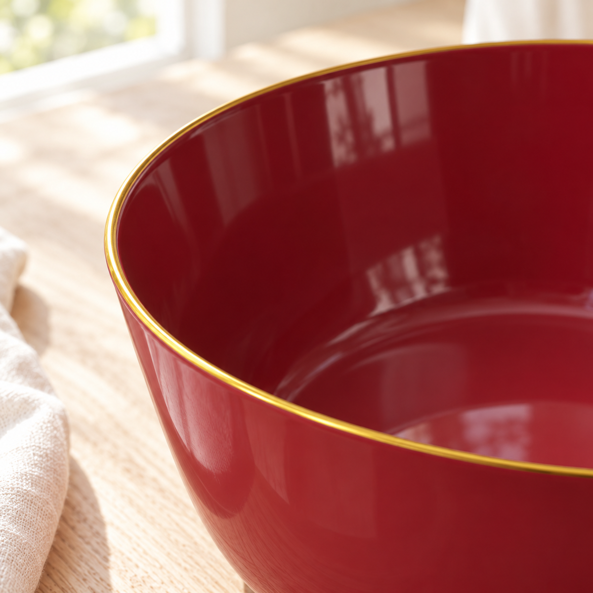 Close detail of the thin gold lip and smooth burgundy plastic interior of a deep bowl.