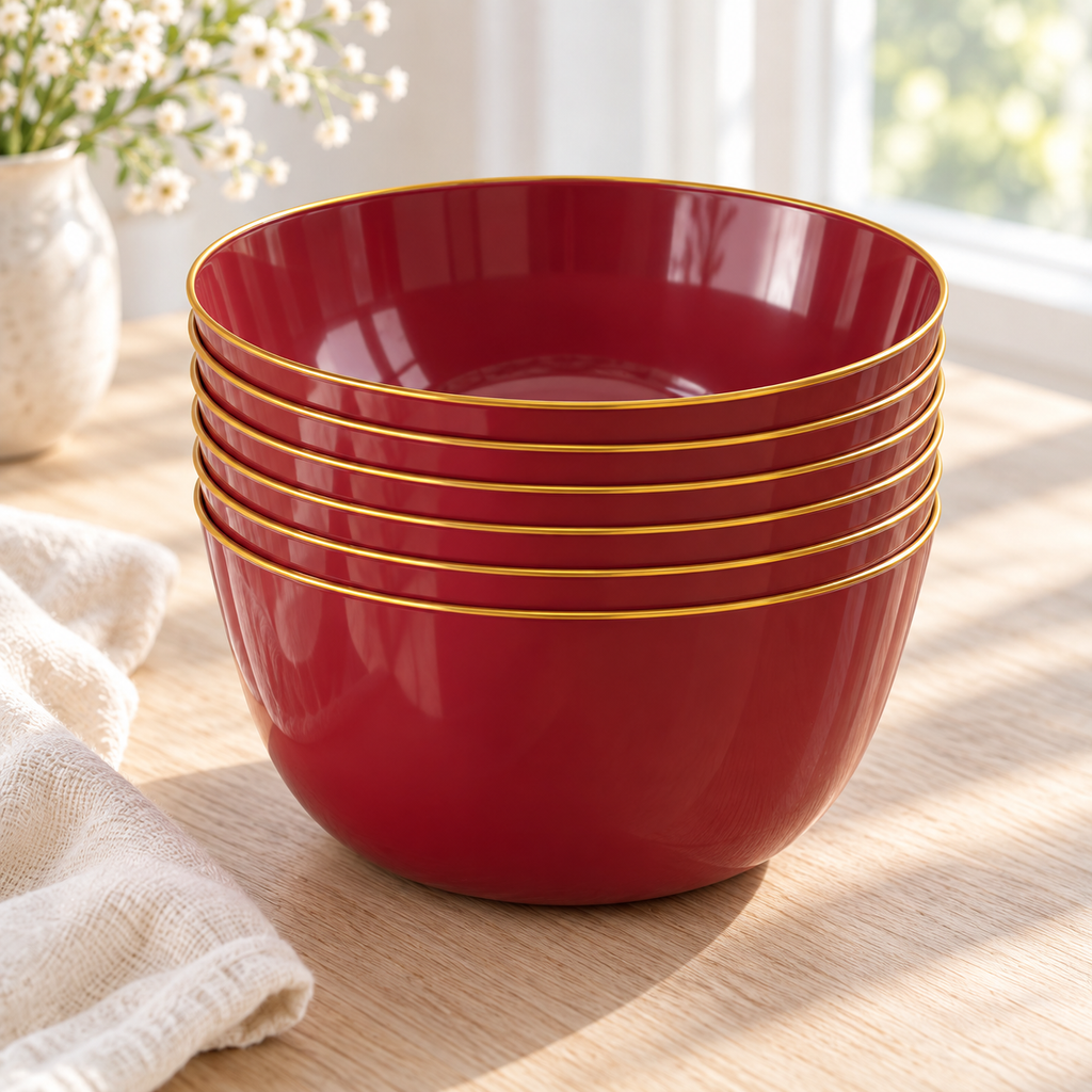 Nested burgundy plastic bowls with thin gold rims on a bright pale wood tabletop.