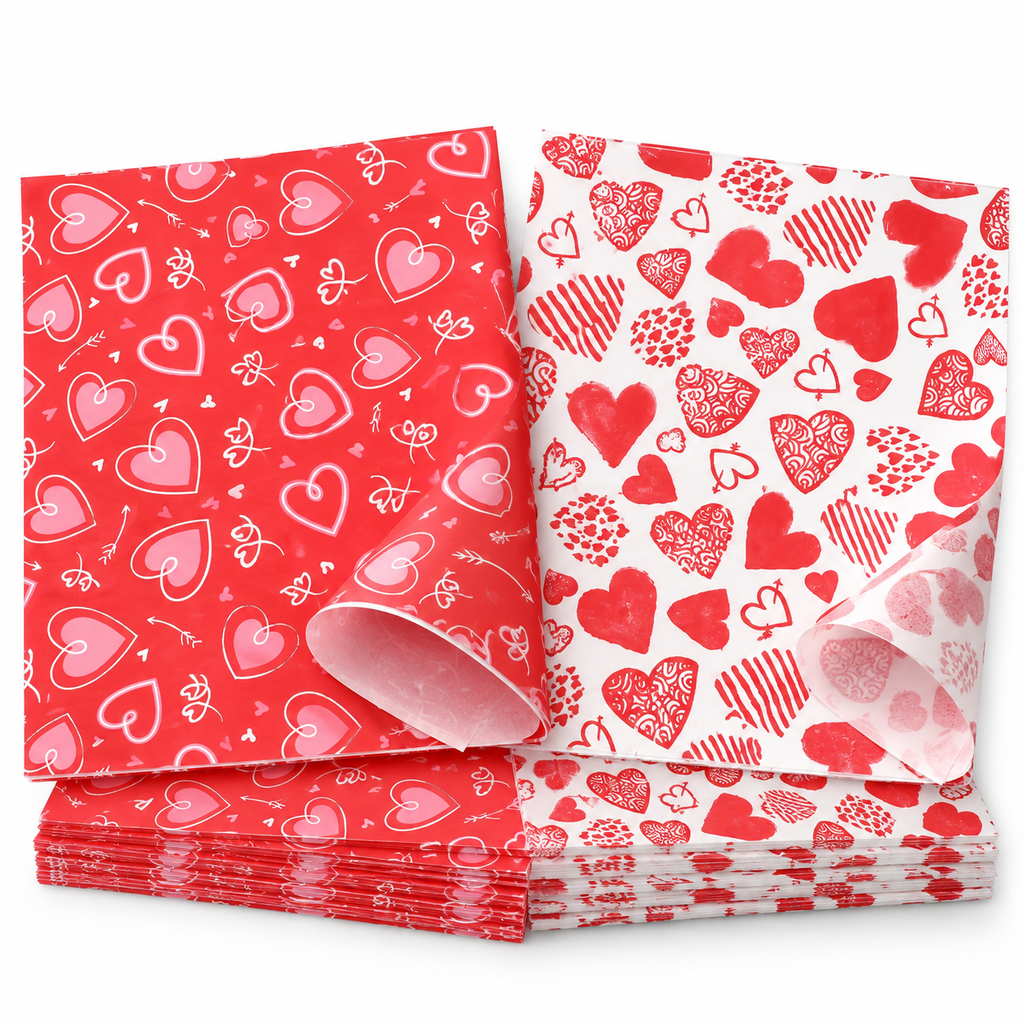 Heart print wax food wrapping paper in the two original red and white designs, white view. Representative sheets from 160 total; food, baskets and styling props are not included.