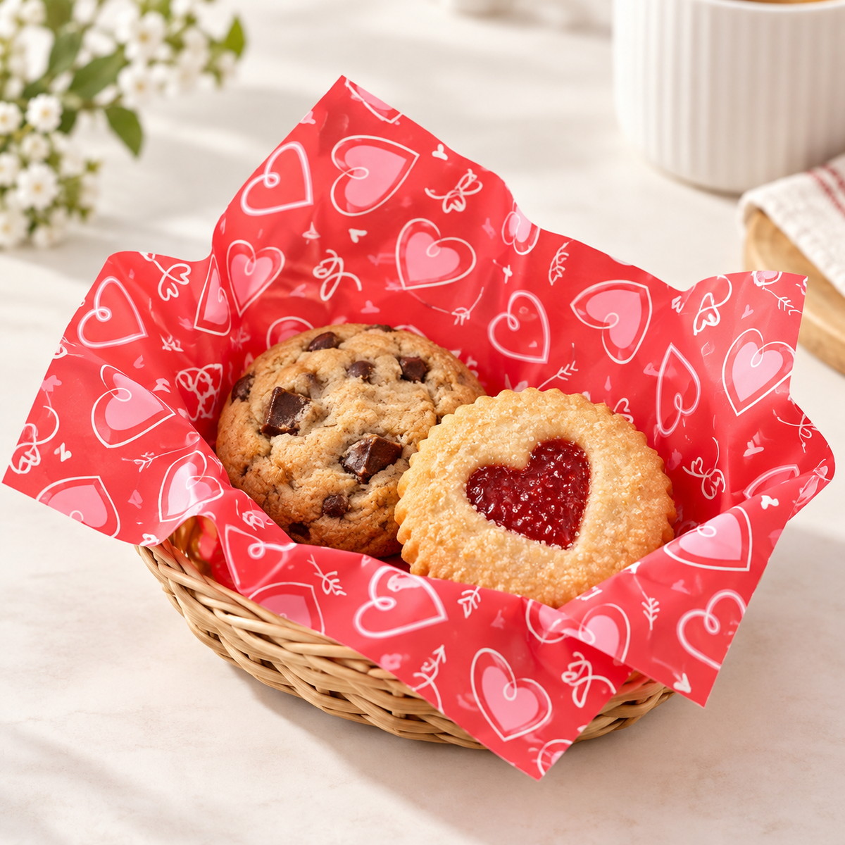 Heart print wax food wrapping paper in the two original red and white designs, red basket view. Representative sheets from 160 total; food, baskets and styling props are not included.