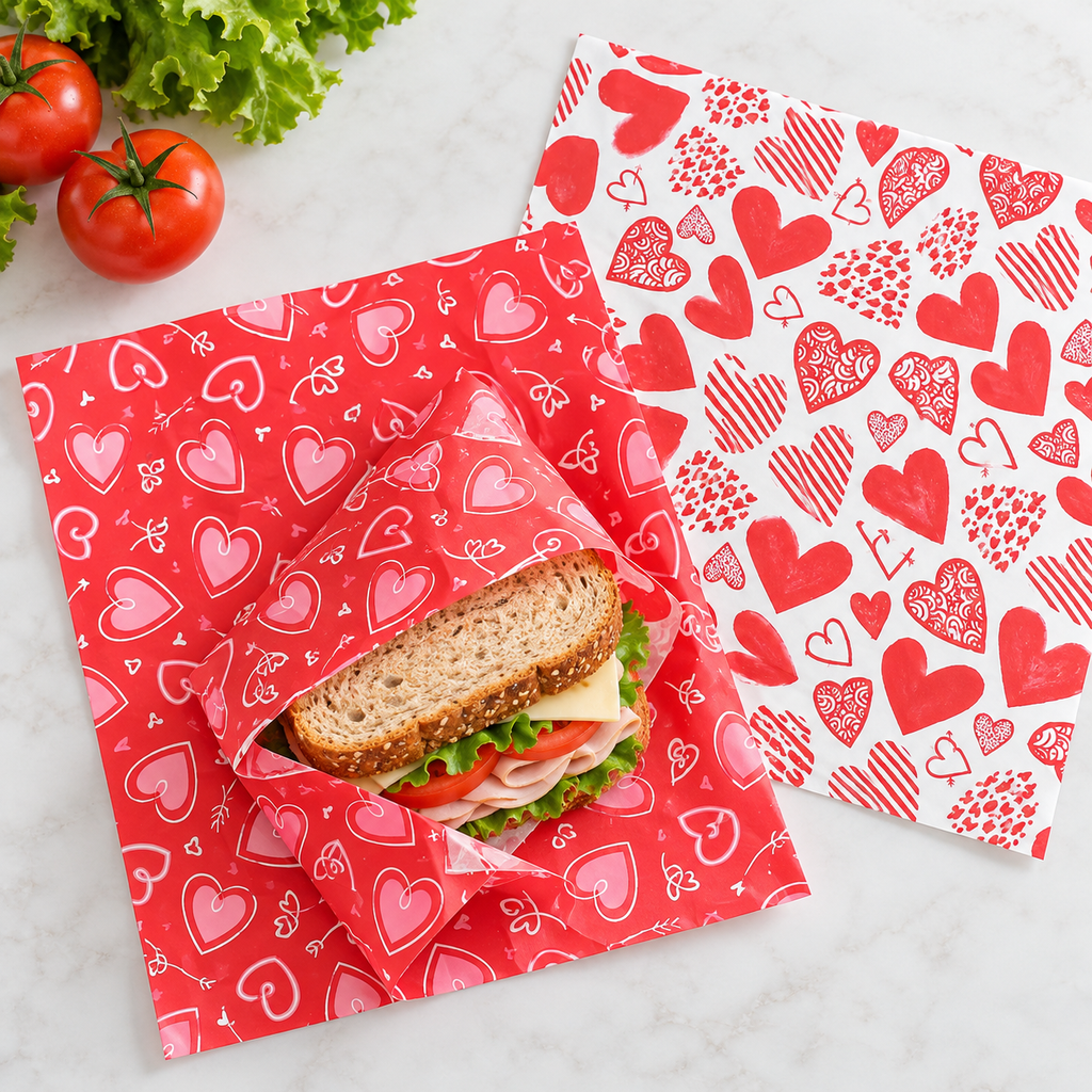 Heart print wax food wrapping paper in the two original red and white designs, overhead view. Representative sheets from 160 total; food, baskets and styling props are not included.