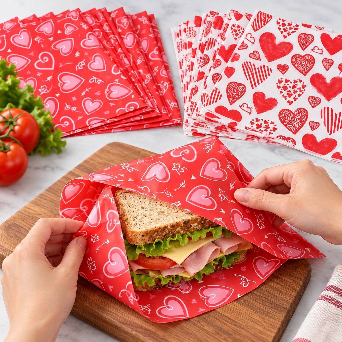 Heart print wax food wrapping paper in the two original red and white designs, hand view. Representative sheets from 160 total; food, baskets and styling props are not included.