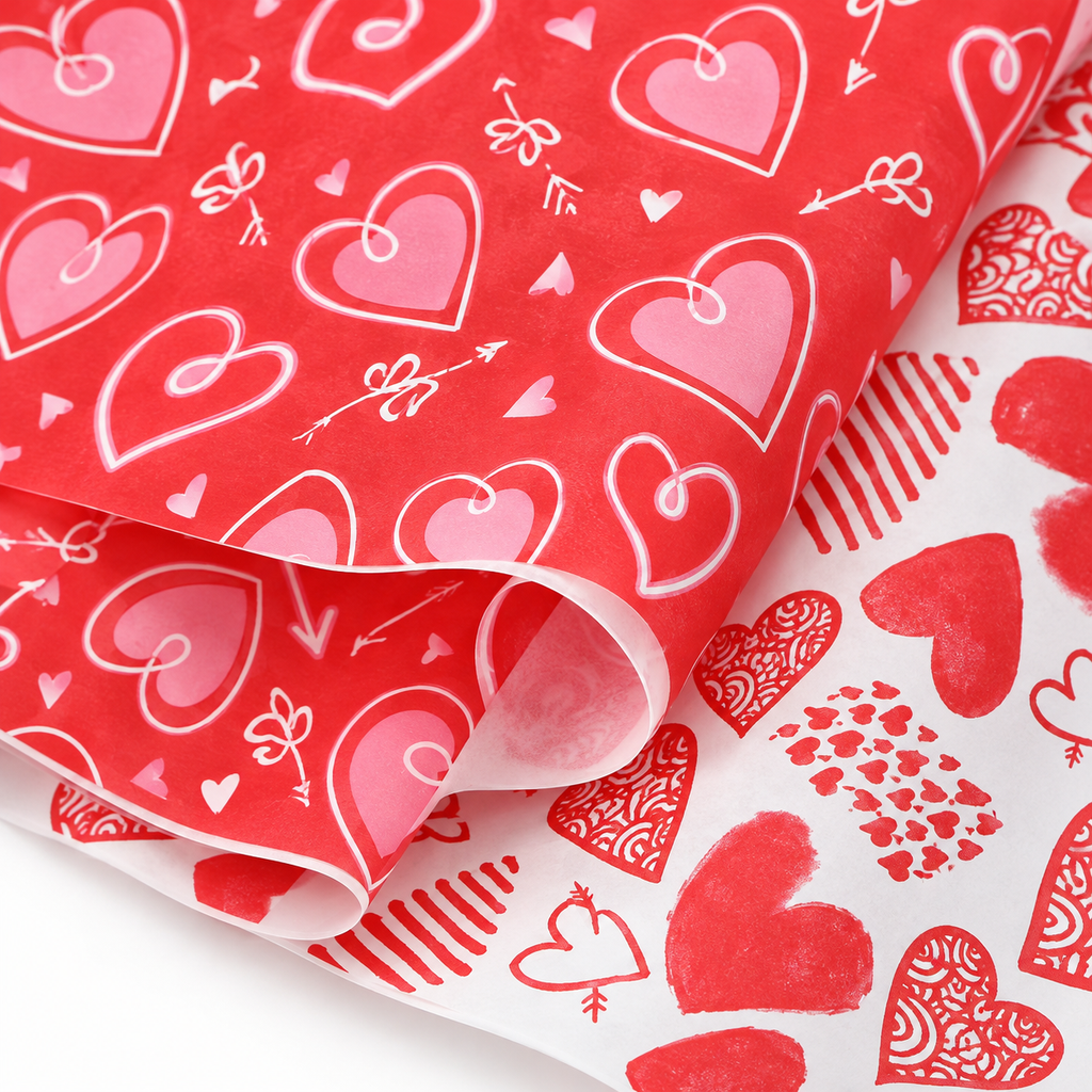 Heart print wax food wrapping paper in the two original red and white designs, detail view. Representative sheets from 160 total; food, baskets and styling props are not included.