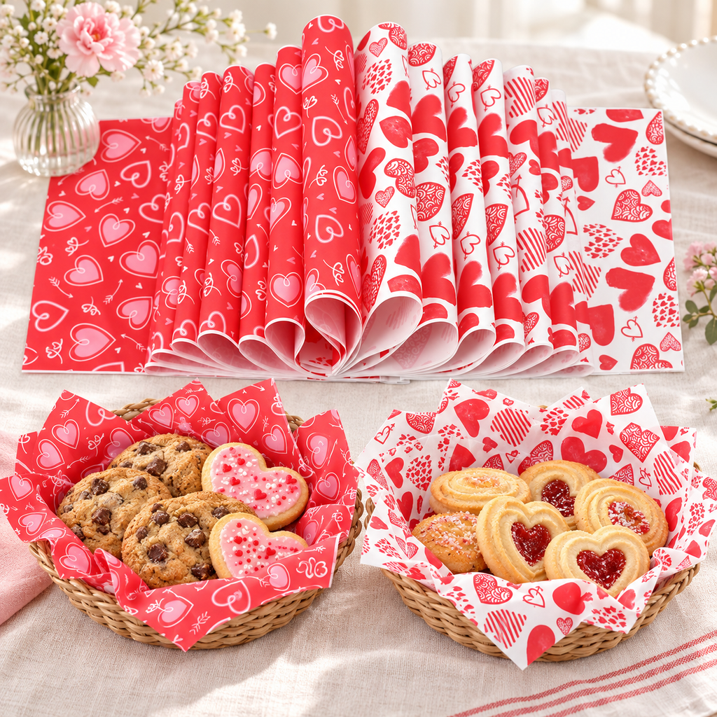 Heart print wax food wrapping paper in the two original red and white designs, serving view. Representative sheets from 160 total; food, baskets and styling props are not included.