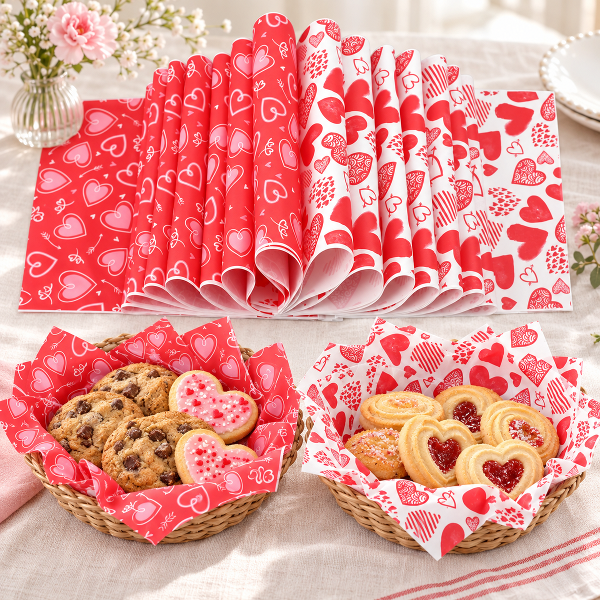 Heart print wax food wrapping paper in the two original red and white designs, serving view. Representative sheets from 160 total; food, baskets and styling props are not included.