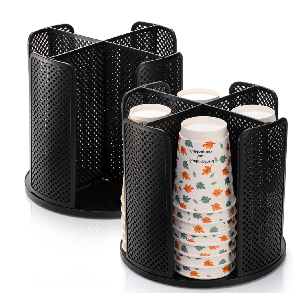 Set of two black rotating cup dispensers on white, one empty and one holding decorative paper cups as use props. Cups and styling props not included.