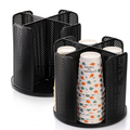 Set of two black rotating cup dispensers on white, one empty and one holding decorative paper cups as use props. Cups and styling props not included.