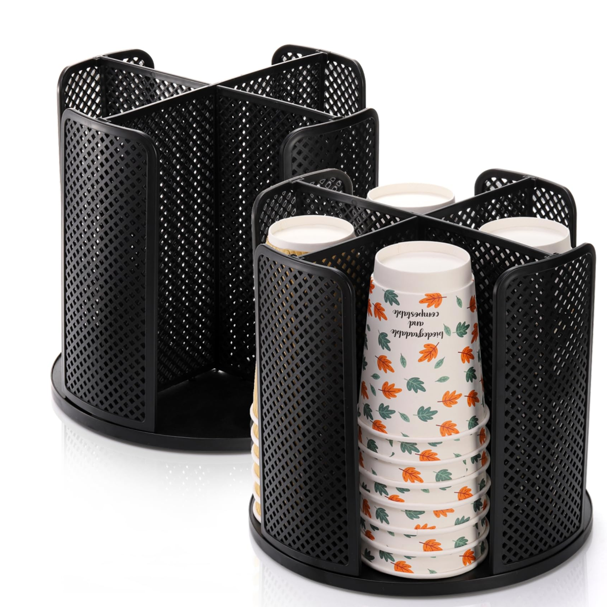 Set of two black rotating cup dispensers on white, one empty and one holding decorative paper cups as use props. Cups and styling props not included.