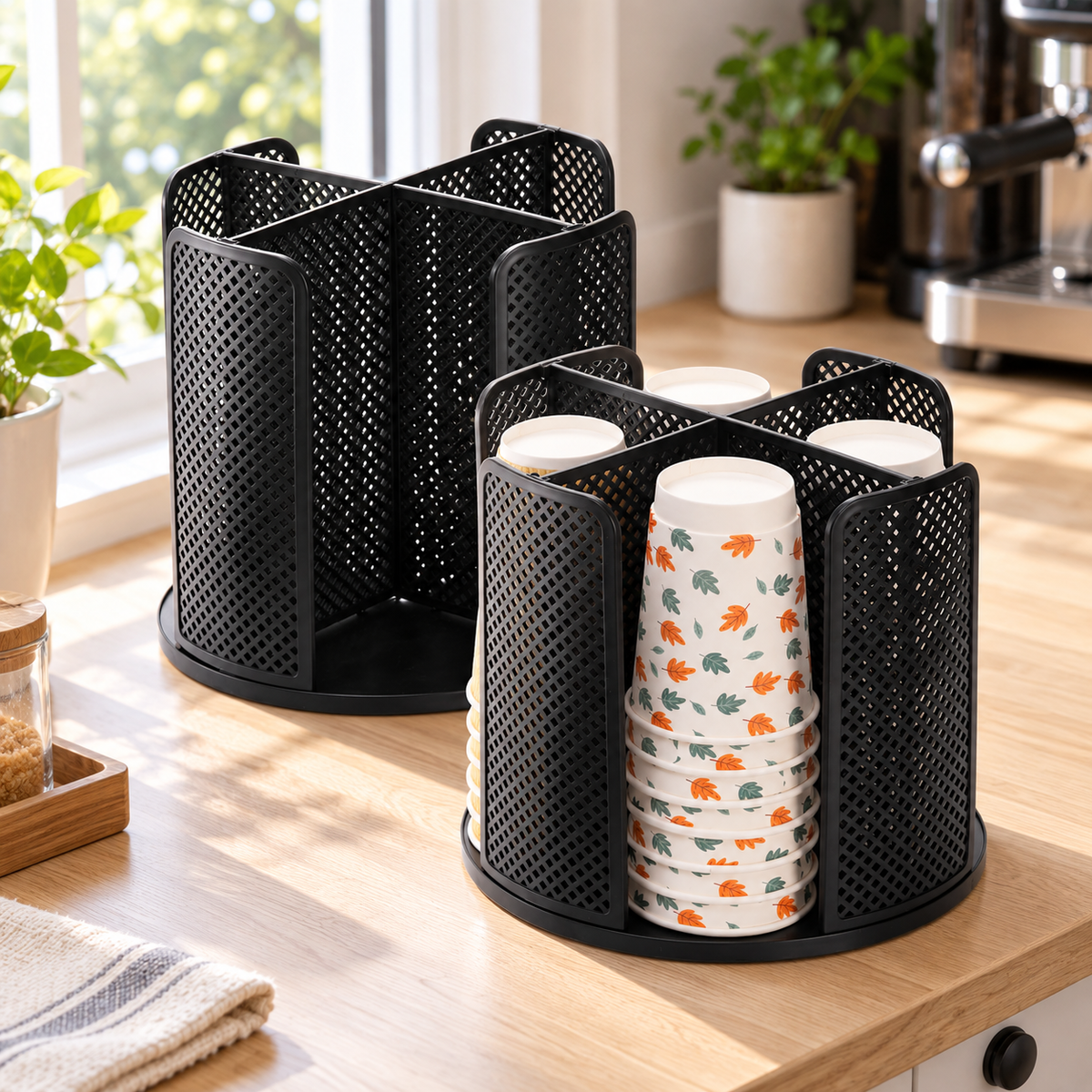 Two black four-compartment cup dispensers on a pale wood coffee counter by a bright window, shown with paper cup props. Cups and styling props not included.