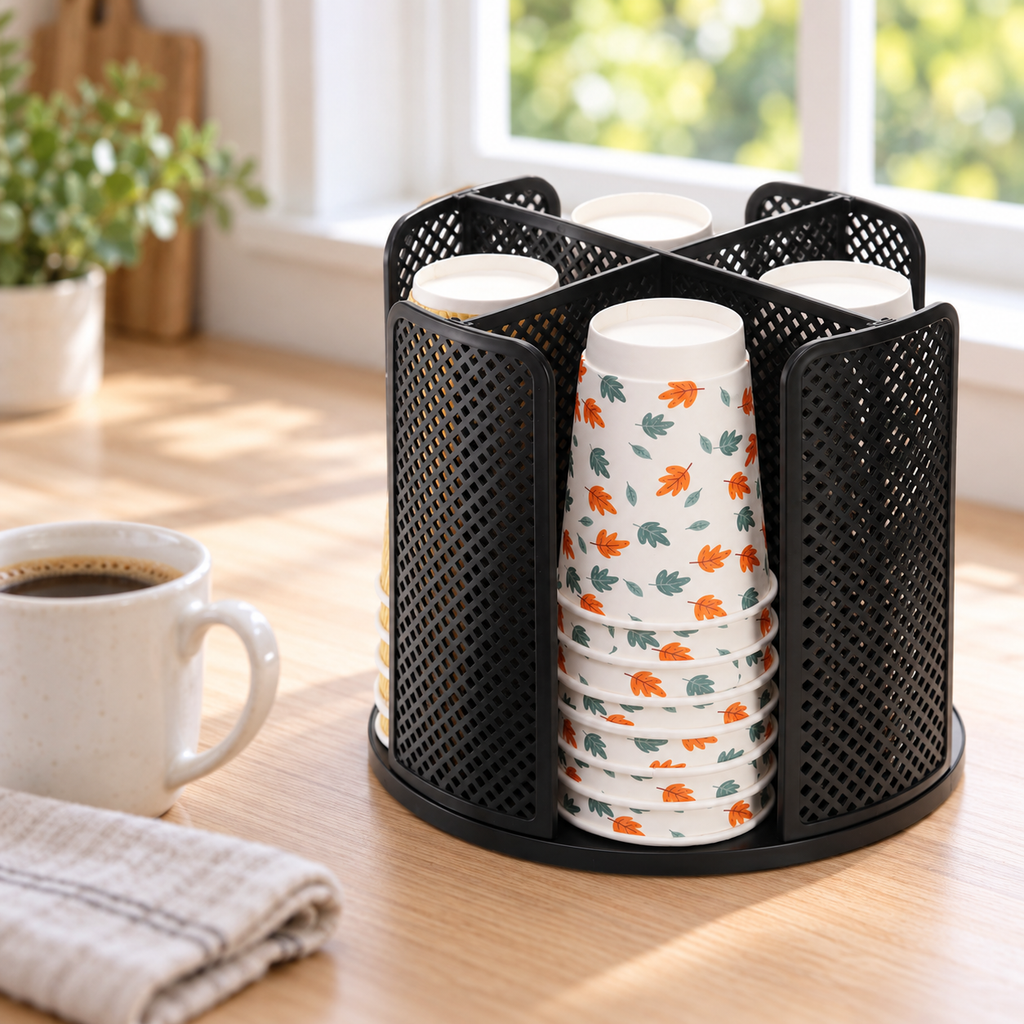 A black rotating cup dispenser holding inverted paper cup stacks beside a ceramic coffee mug on a pale wood counter. Cups and styling props not included.