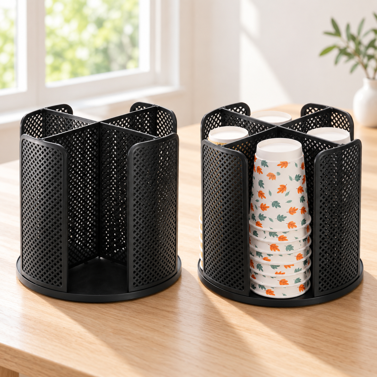 Matching black rotating dispensers side by side on a bright wood table, one empty and one holding paper cup props. Cups and styling props not included.