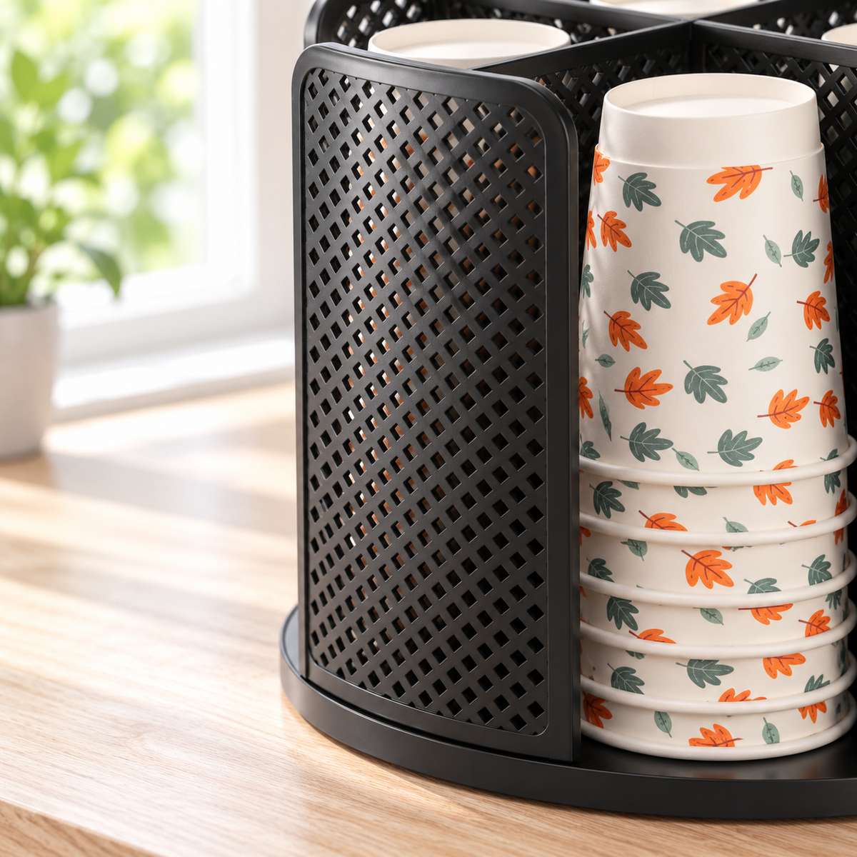 Close view of the black molded diamond lattice panel, tall cup access opening and circular base beside a decorative cup stack. Cups and styling props not included.