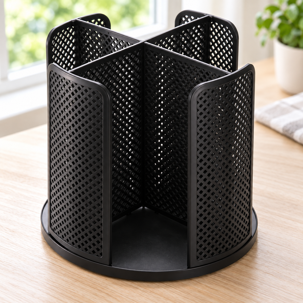 Empty black cup dispenser showing the perpendicular four-compartment dividers, open front quadrant and circular base. Cups and styling props not included.