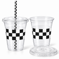 Clear 16 oz checkered party cup with its flat clear lid and checked paper straw, white photograph. Representative items from 50 complete sets; drinks and styling props are not included.