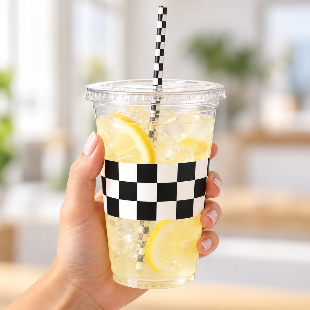 Clear 16 oz checkered party cup with its flat clear lid and checked paper straw, hand photograph. Representative items from 50 complete sets; drinks and styling props are not included.