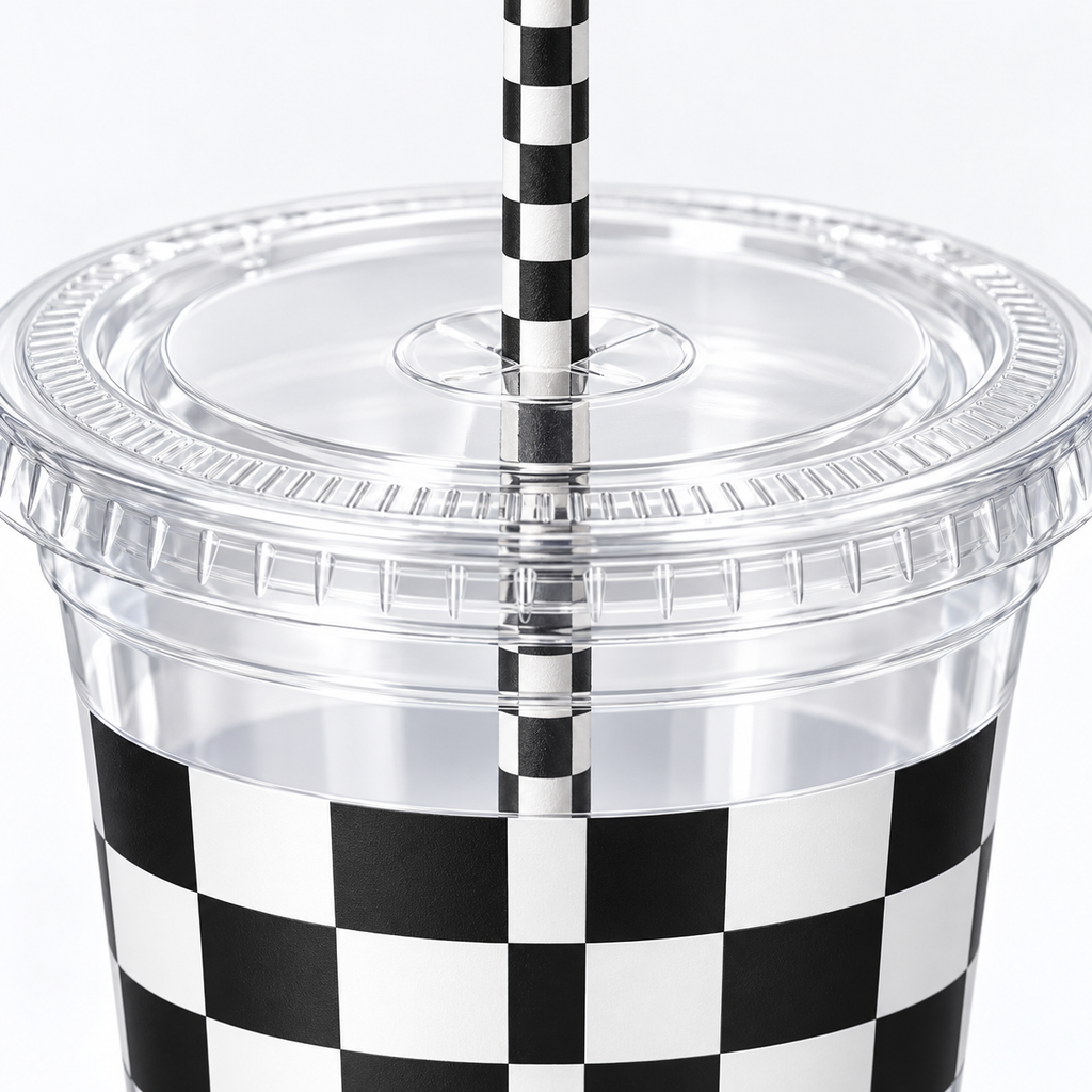 Clear 16 oz checkered party cup with its flat clear lid and checked paper straw, detail photograph. Representative items from 50 complete sets; drinks and styling props are not included.