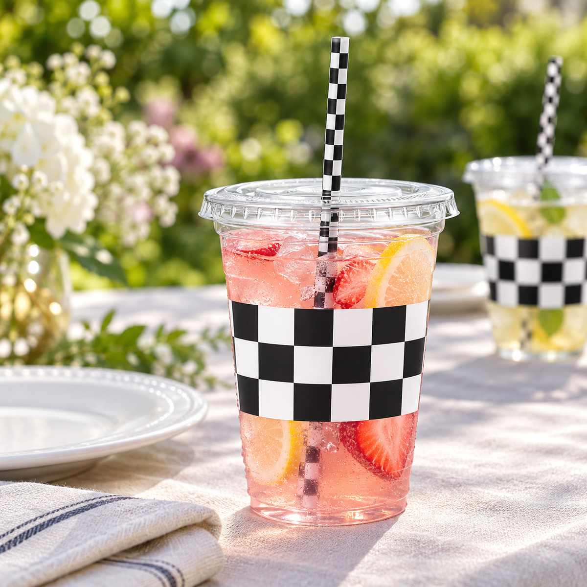 Clear 16 oz checkered party cup with its flat clear lid and checked paper straw, picnic photograph. Representative items from 50 complete sets; drinks and styling props are not included.