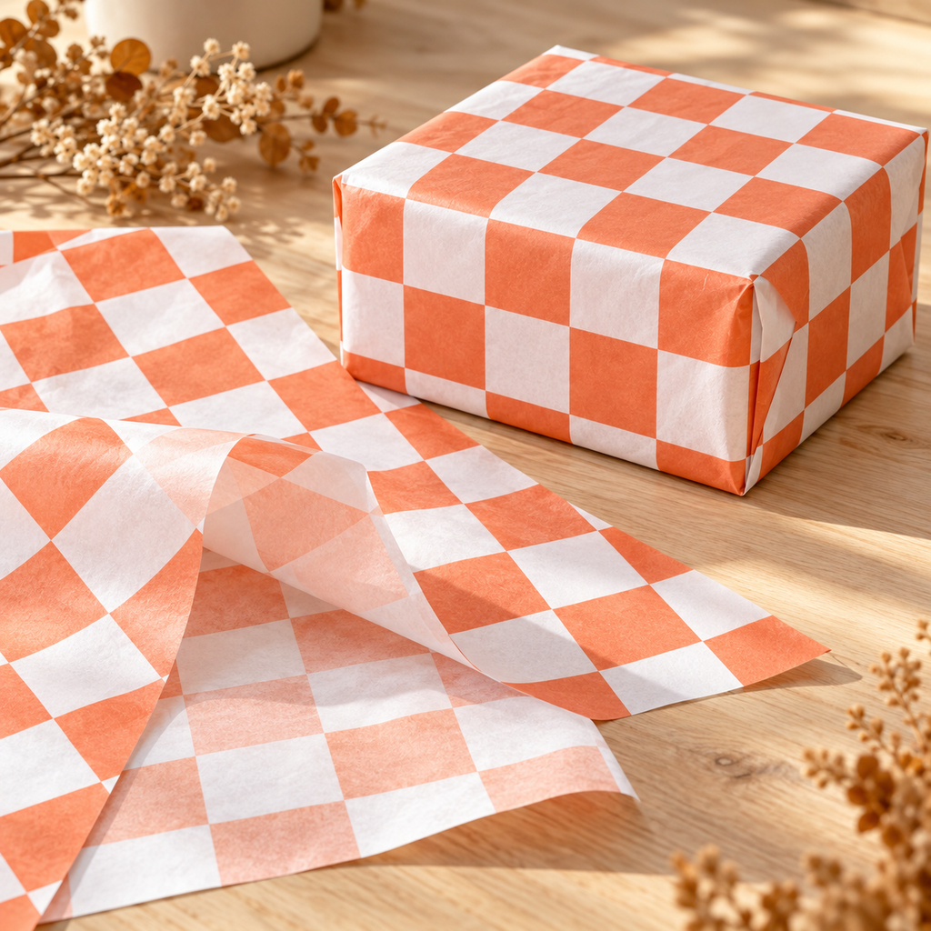 Orange and white check tissue paper, autumn gift photograph, SKU B0DCBSMWY4. Representative sheets from 100-sheet pack; styling not included.
