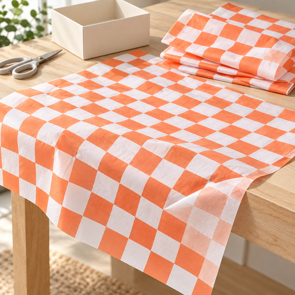 Orange and white check tissue paper, craft table photograph, SKU B0DCBSMWY4. Representative sheets from 100-sheet pack; styling not included.