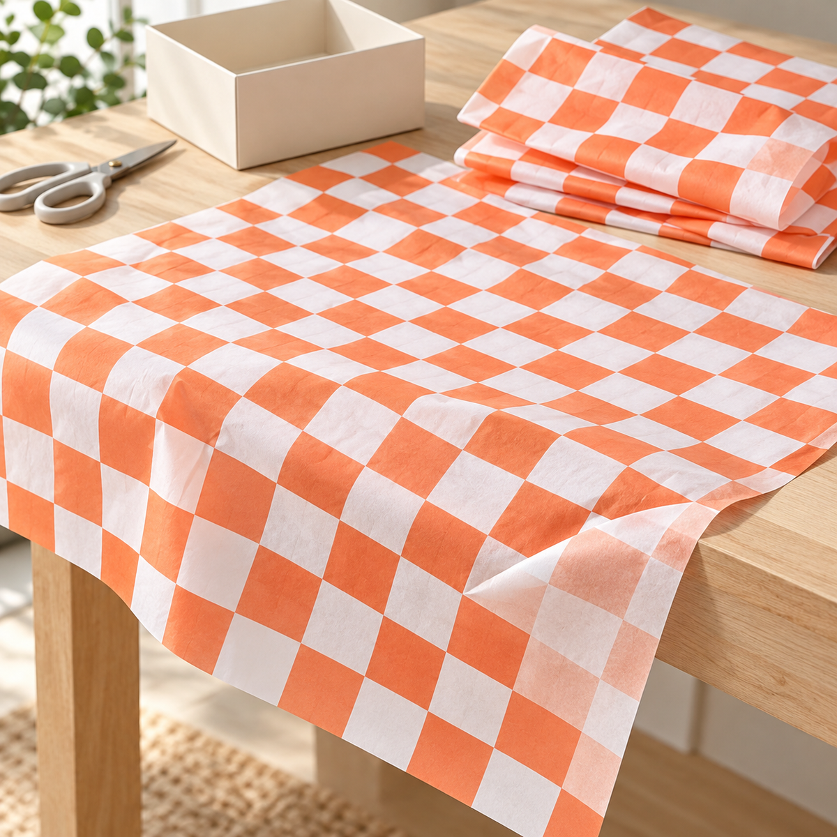 Orange and white check tissue paper, craft table photograph, SKU B0DCBSMWY4. Representative sheets from 100-sheet pack; styling not included.