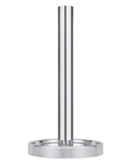 Chrome paper-towel holder with circular base and straight spindle on white.