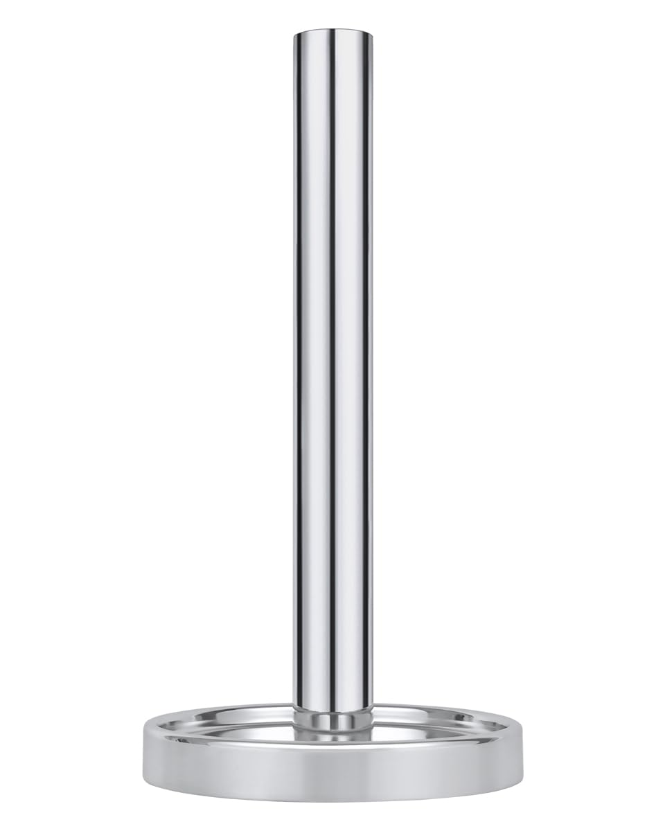 Chrome paper-towel holder with circular base and straight spindle on white.