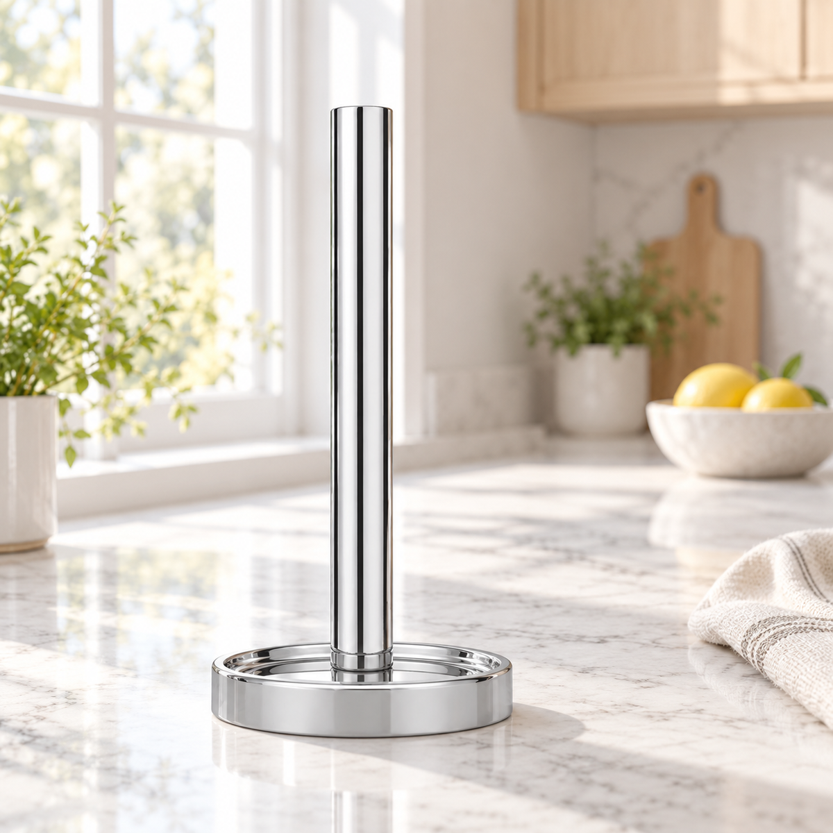 Empty chrome paper-towel holder on a pale kitchen counter. Styling props are not included.