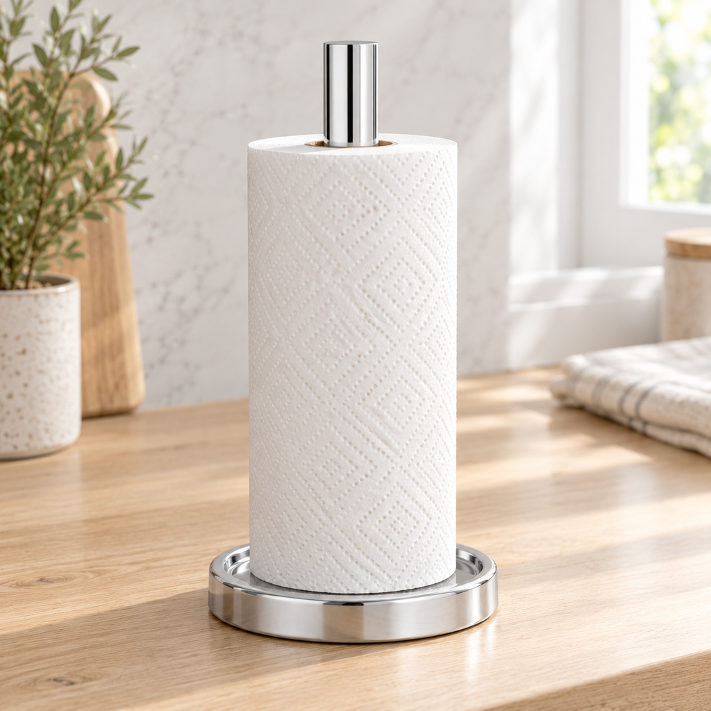 Chrome paper-towel holder styled with a white paper-towel roll on an oak counter. Paper roll and styling props are not included.
