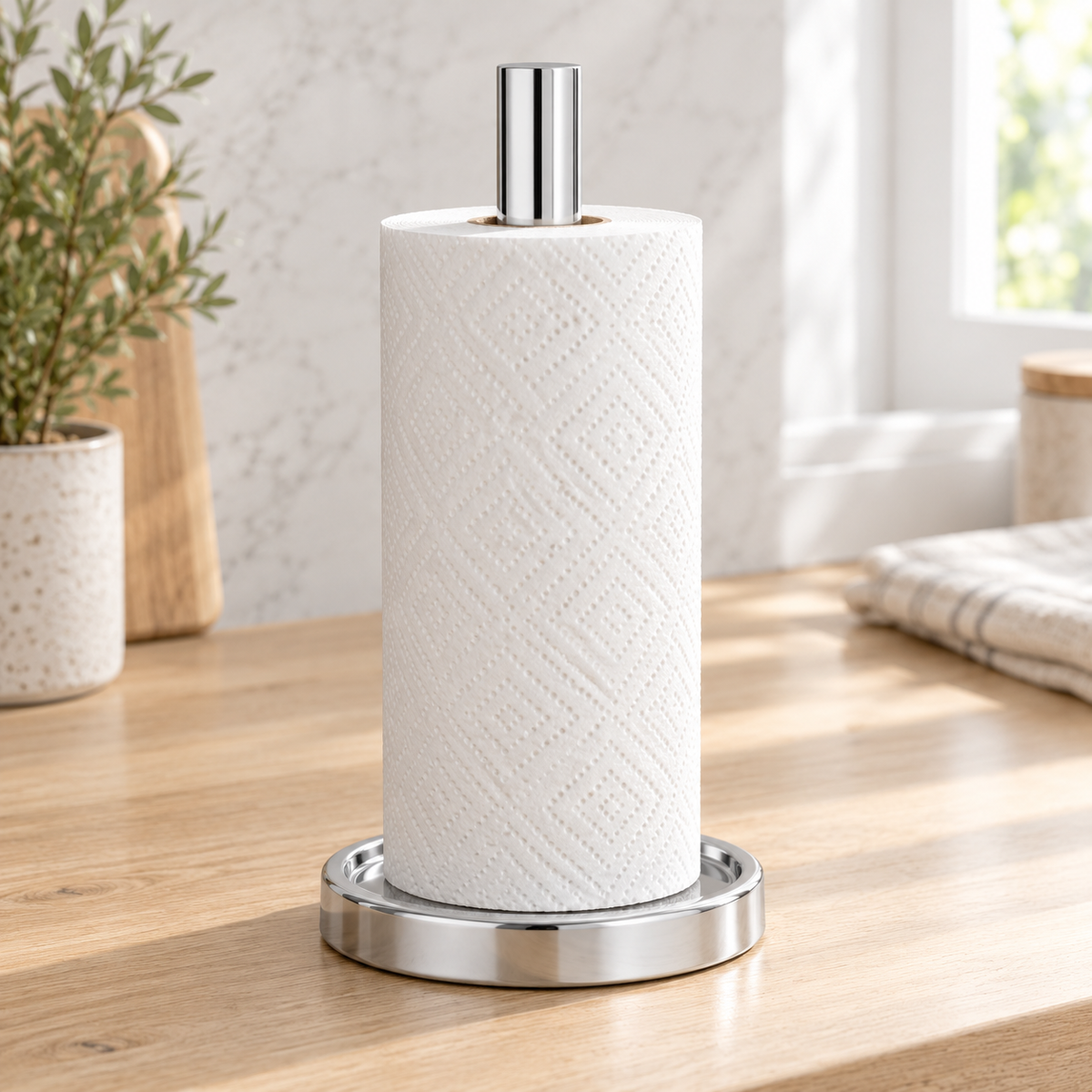 Chrome paper-towel holder styled with a white paper-towel roll on an oak counter. Paper roll and styling props are not included.