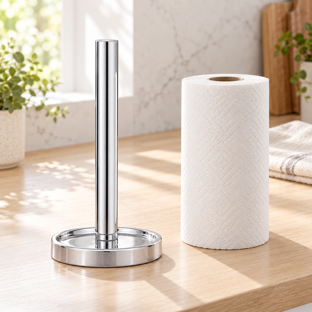 Empty chrome paper-towel holder beside a separate white paper-towel roll. Paper roll and styling props are not included.