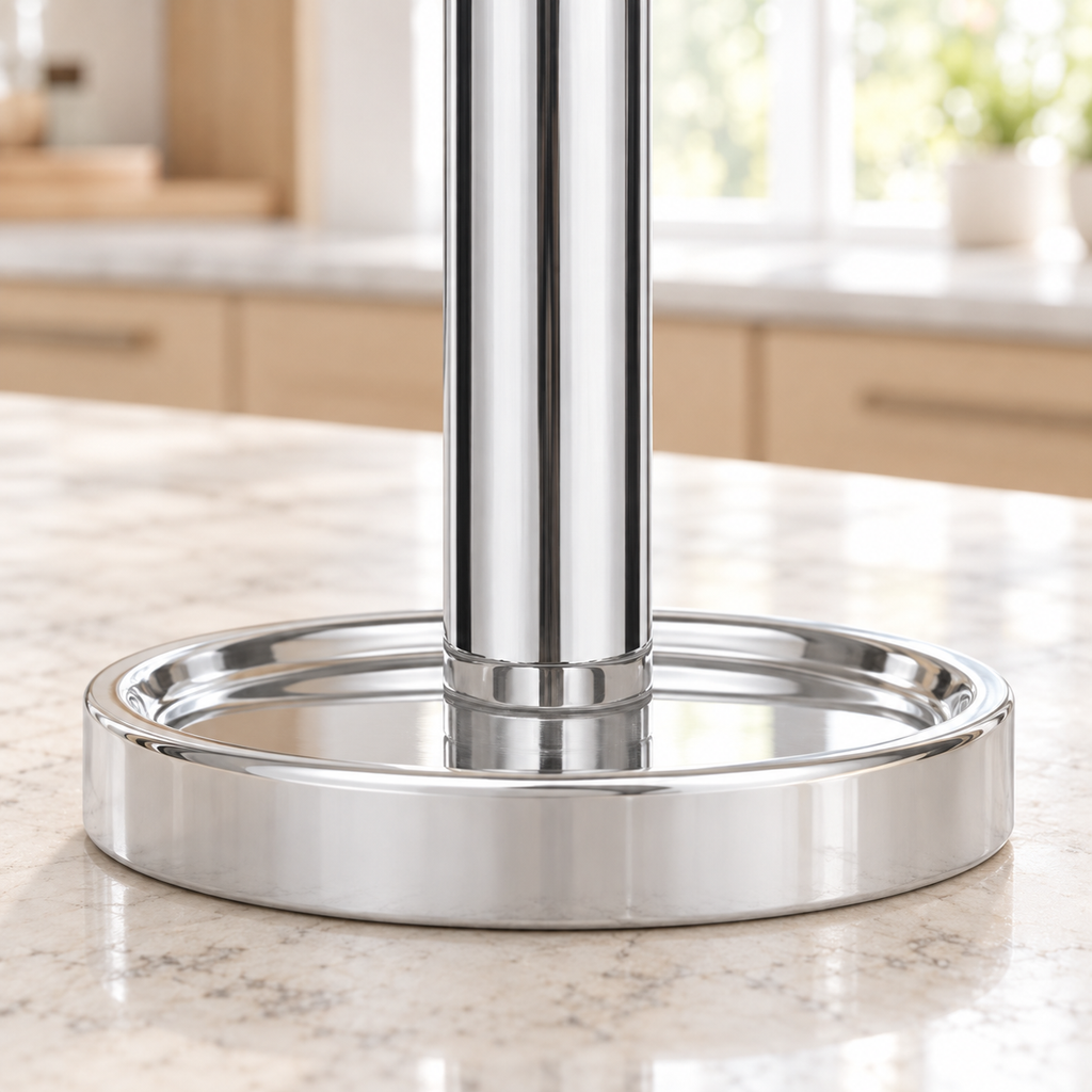 Close-up of the chrome holder base and spindle junction.