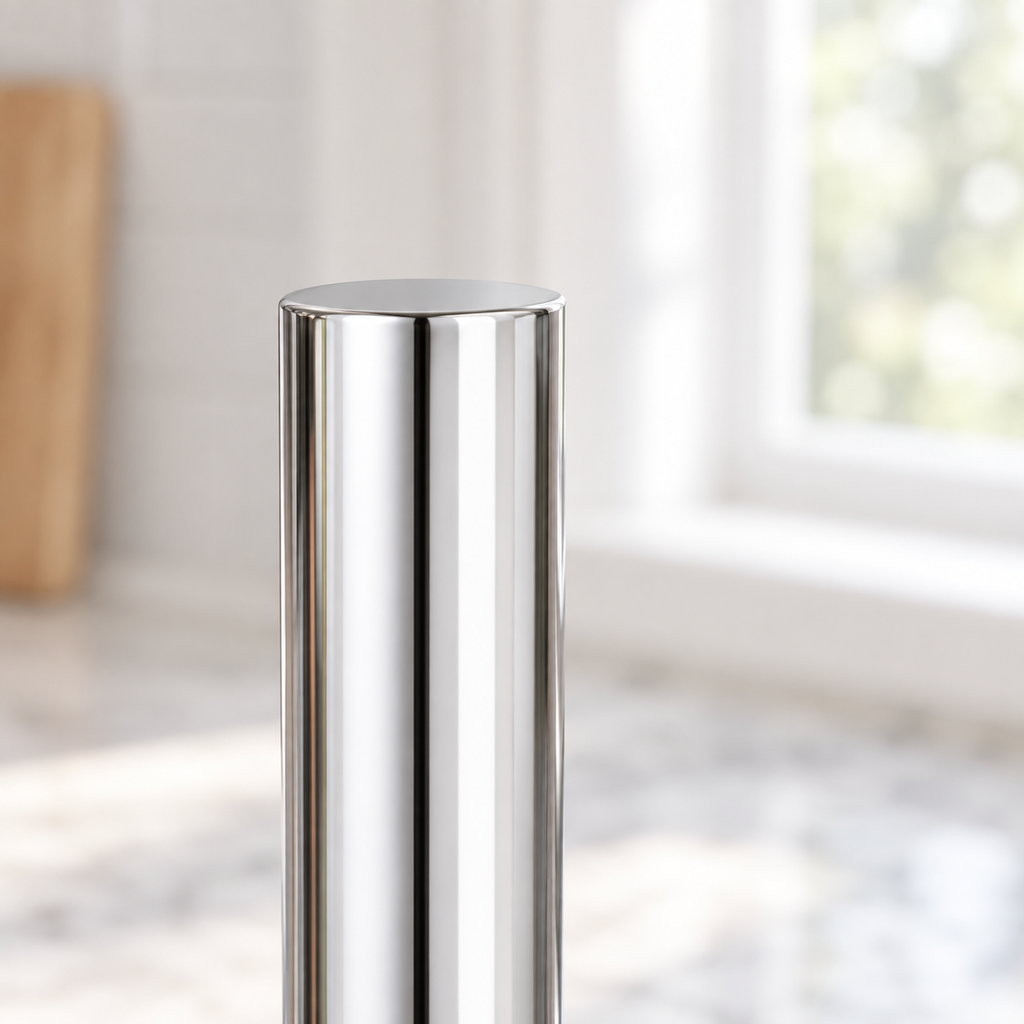 Close-up of the plain chrome spindle tip in natural window light.