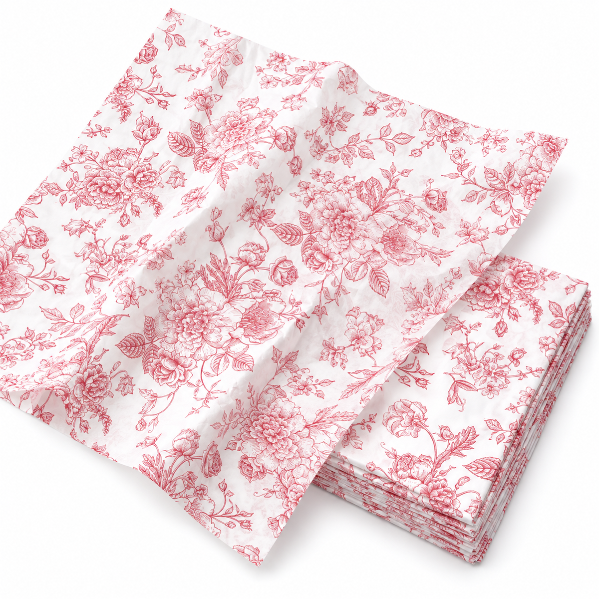 Rose gold floral printed tissue paper, white view. Representative sheets from the 100-sheet pack. Gifts and styling props are not included.