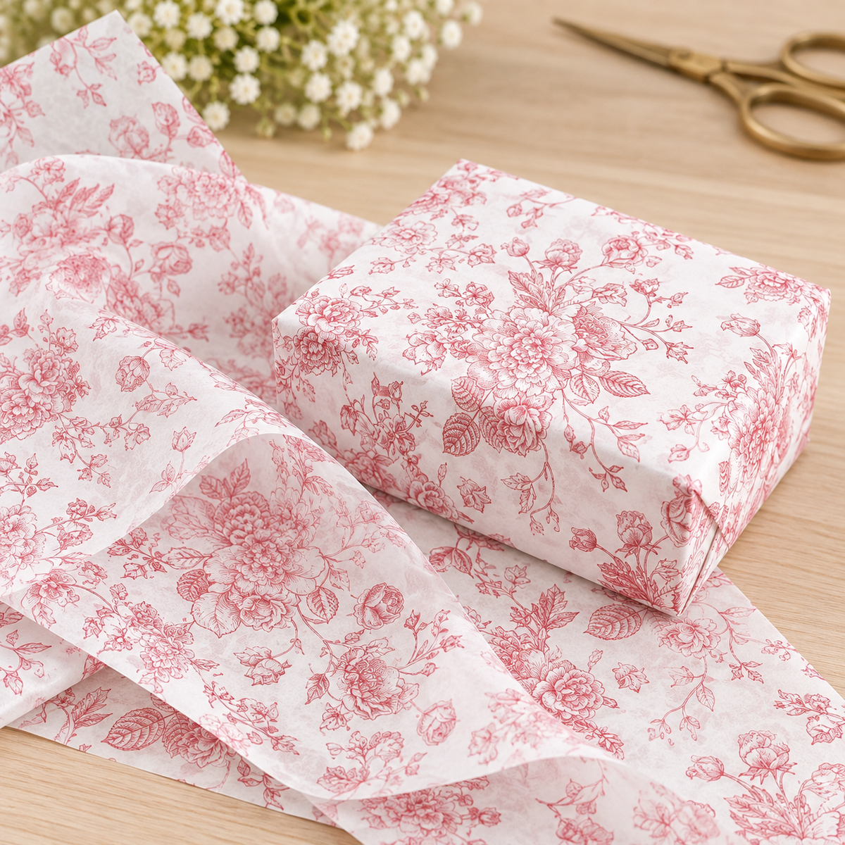 Rose gold floral printed tissue paper, wrapped gift view. Representative sheets from the 100-sheet pack. Gifts and styling props are not included.