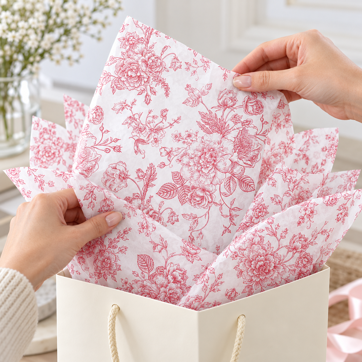 Rose gold floral printed tissue paper, hand view. Representative sheets from the 100-sheet pack. Gifts and styling props are not included.