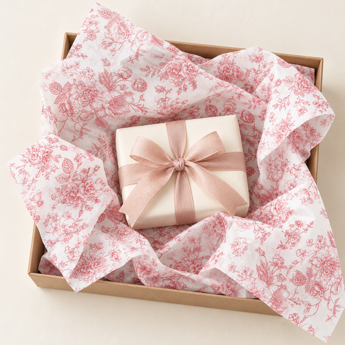 Rose gold floral printed tissue paper, overhead view. Representative sheets from the 100-sheet pack. Gifts and styling props are not included.