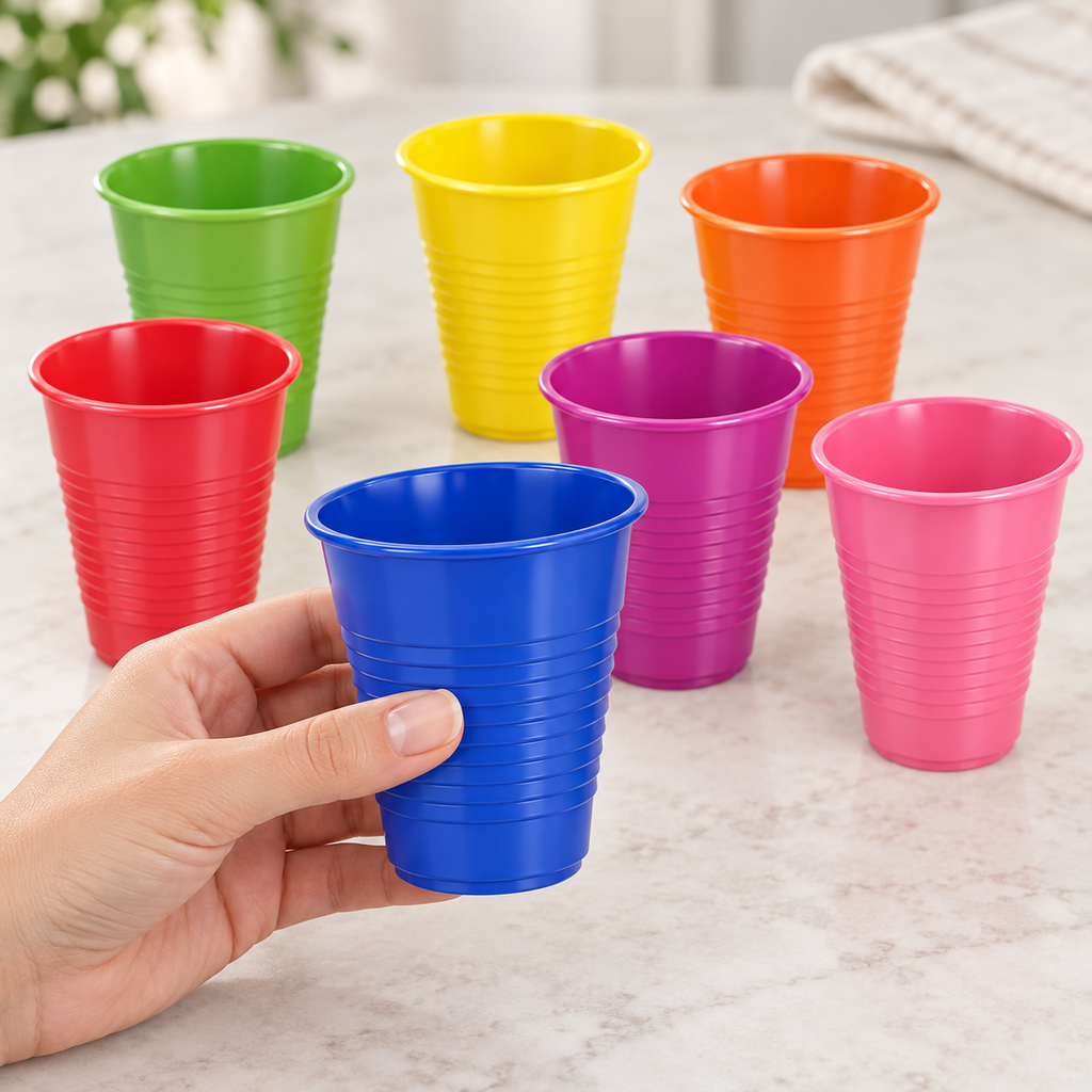 Hand holding a small blue ribbed plastic cup with six other cup colors behind. Representative seven-color subset shown.