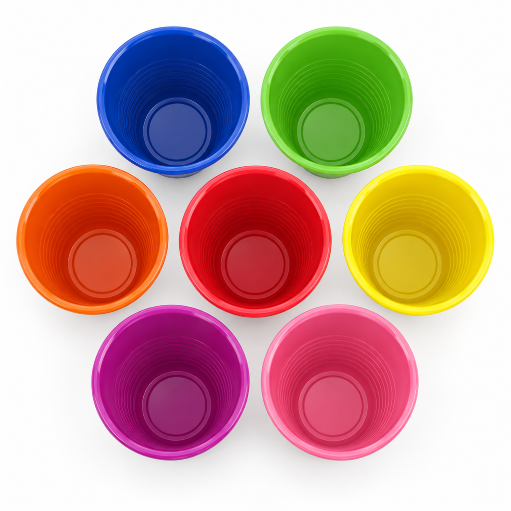 High-angle view into seven empty ribbed plastic cups in blue, green, yellow, orange, red, purple and pink.