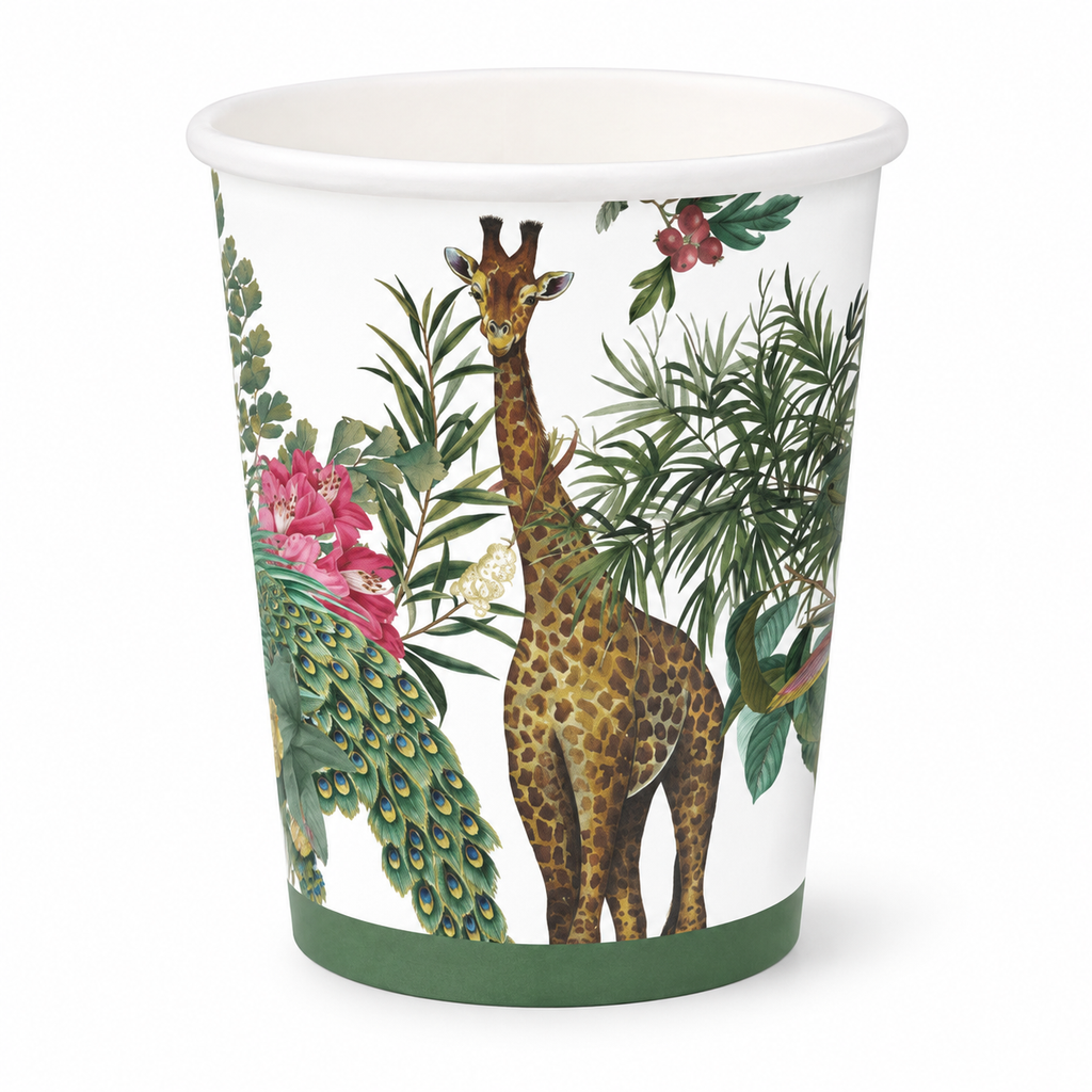 Giraffe and peacock botanical 12 oz paper cup, white photograph. Representative part of 20 cups; drink and styling props not included.