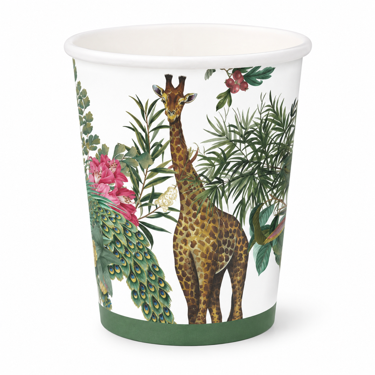 Giraffe and peacock botanical 12 oz paper cup, white photograph. Representative part of 20 cups; drink and styling props not included.
