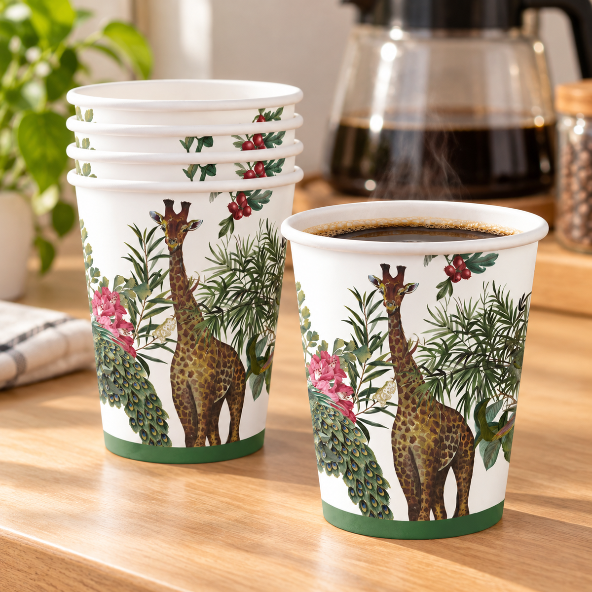Giraffe and peacock botanical 12 oz paper cup, coffee photograph. Representative part of 20 cups; drink and styling props not included.