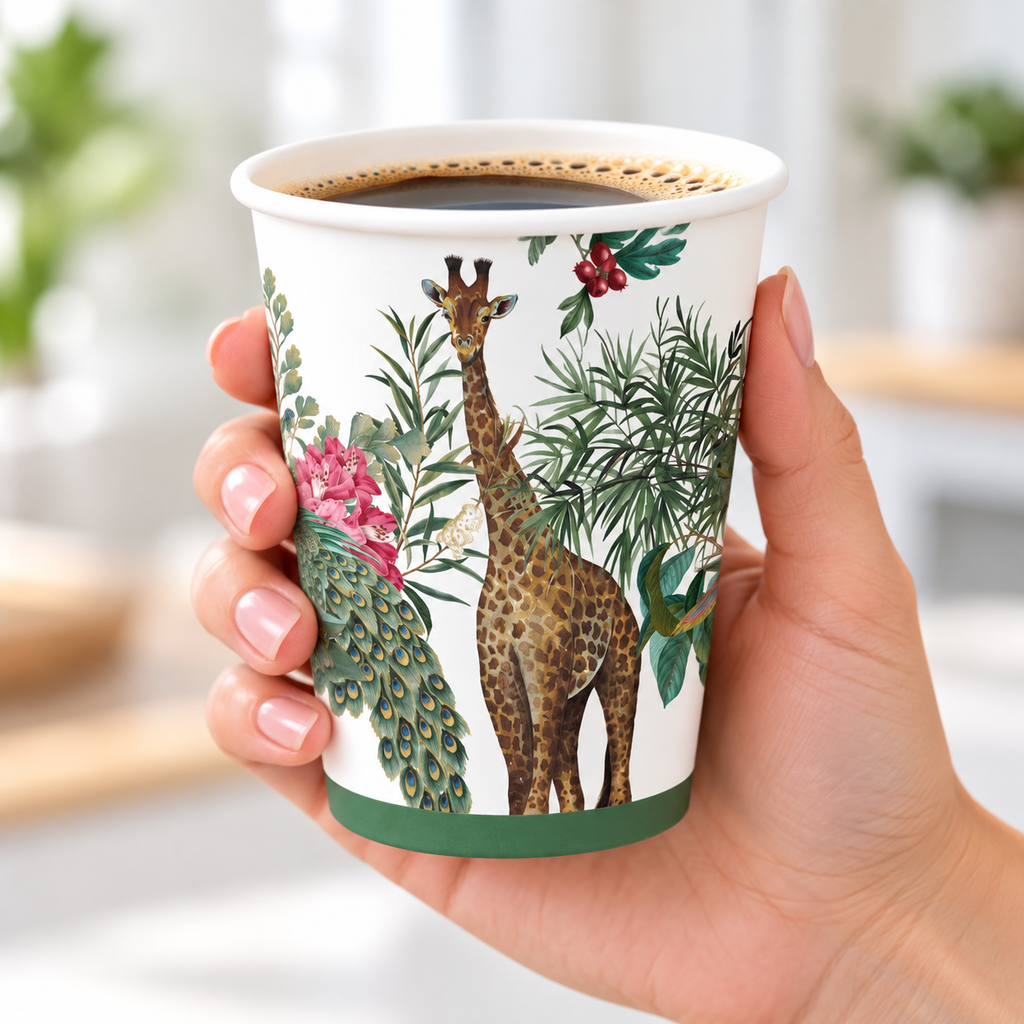 Giraffe and peacock botanical 12 oz paper cup, hand photograph. Representative part of 20 cups; drink and styling props not included.