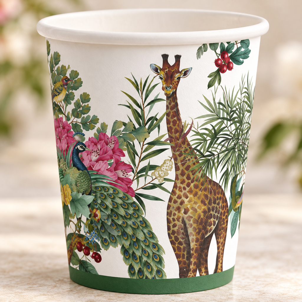 Giraffe and peacock botanical 12 oz paper cup, detail photograph. Representative part of 20 cups; drink and styling props not included.