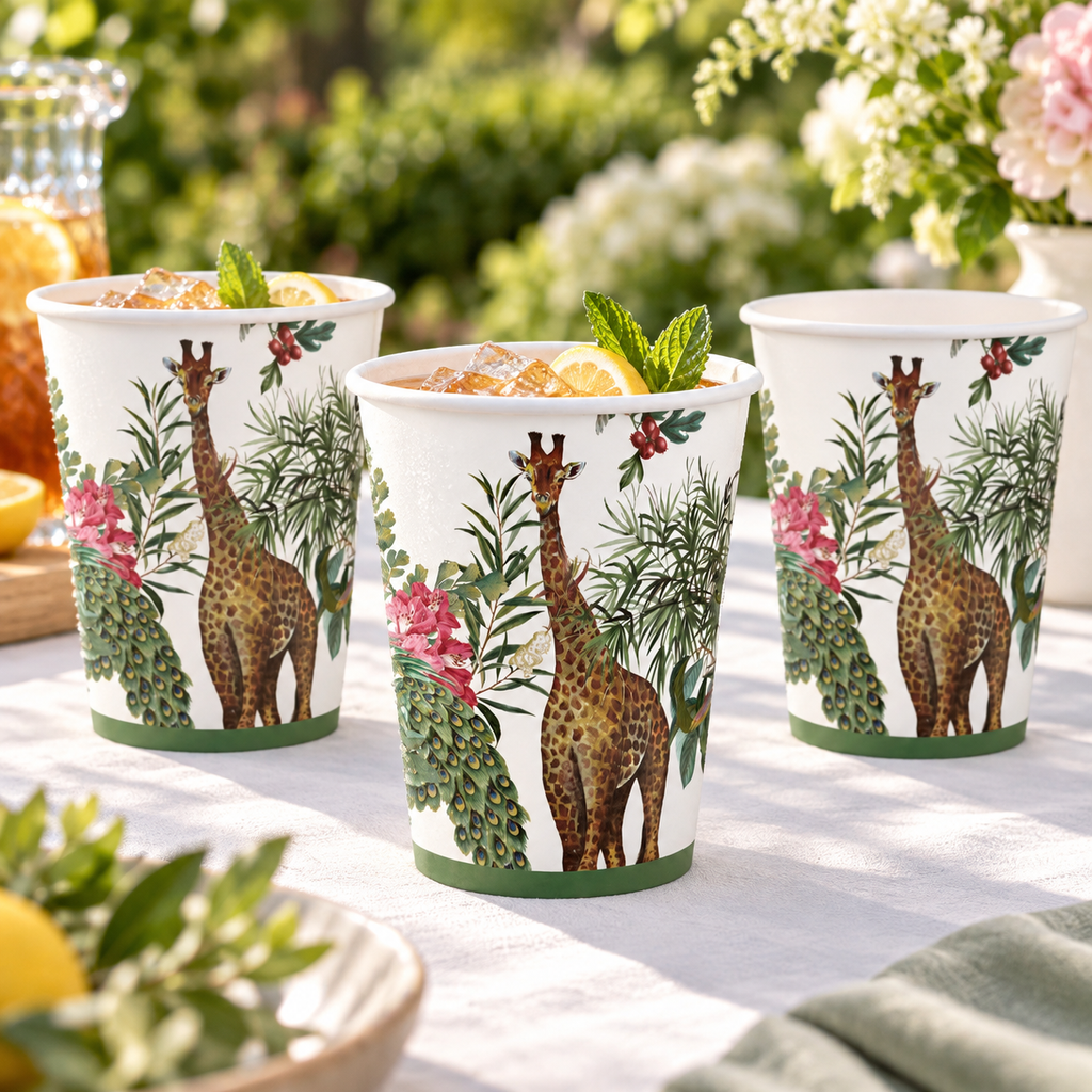Giraffe and peacock botanical 12 oz paper cup, garden photograph. Representative part of 20 cups; drink and styling props not included.