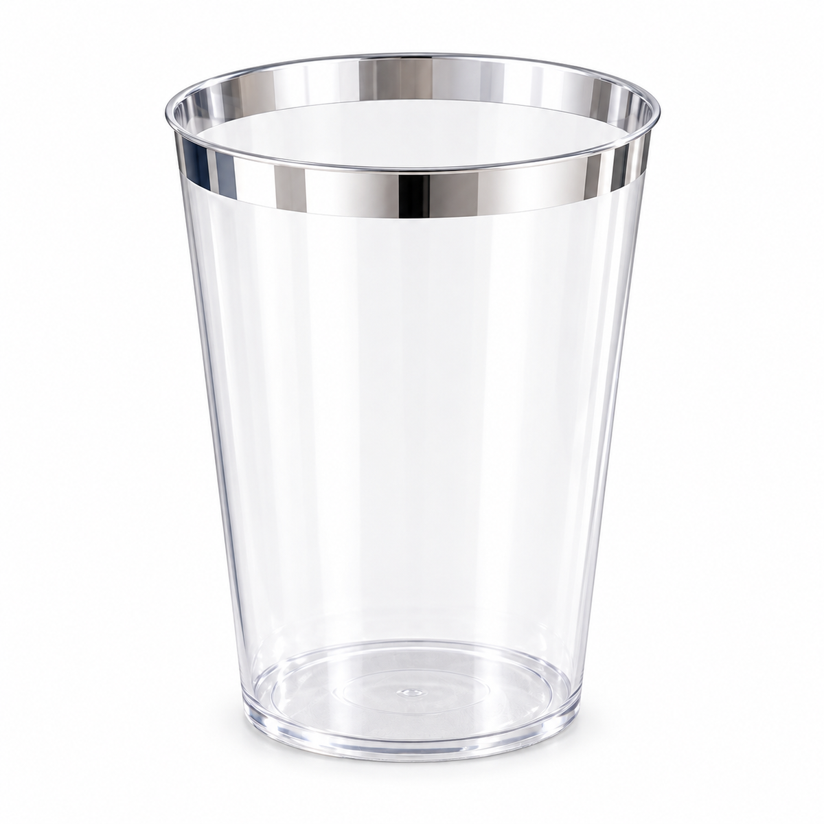 Single empty clear tapered plastic party cup with a narrow metallic silver rim against white.