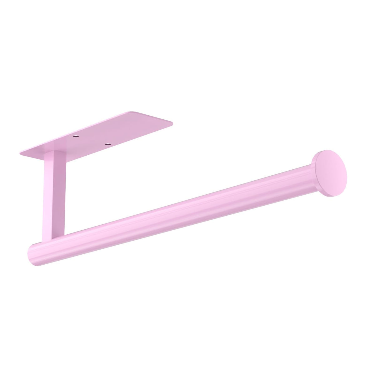 Pink paper towel holder with flat mounting plate, single right-angle support and capped spindle on white.