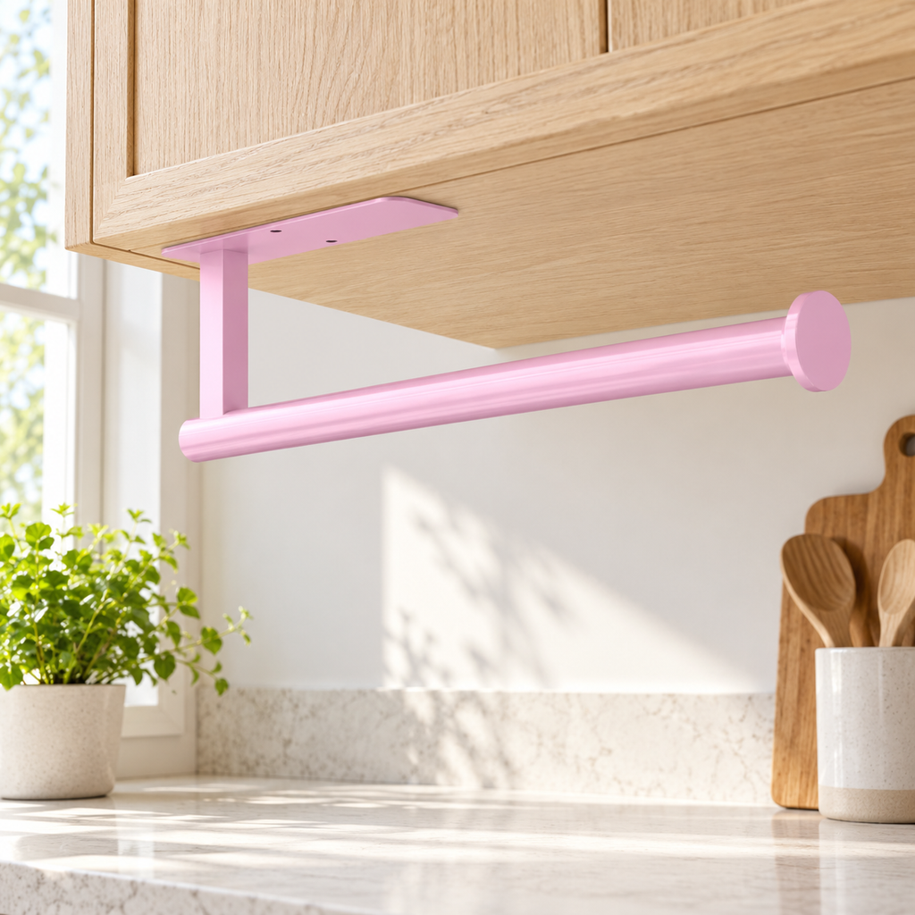 Empty pink paper towel holder mounted beneath a pale oak kitchen cabinet in natural window light. Paper towels and styling props not included.