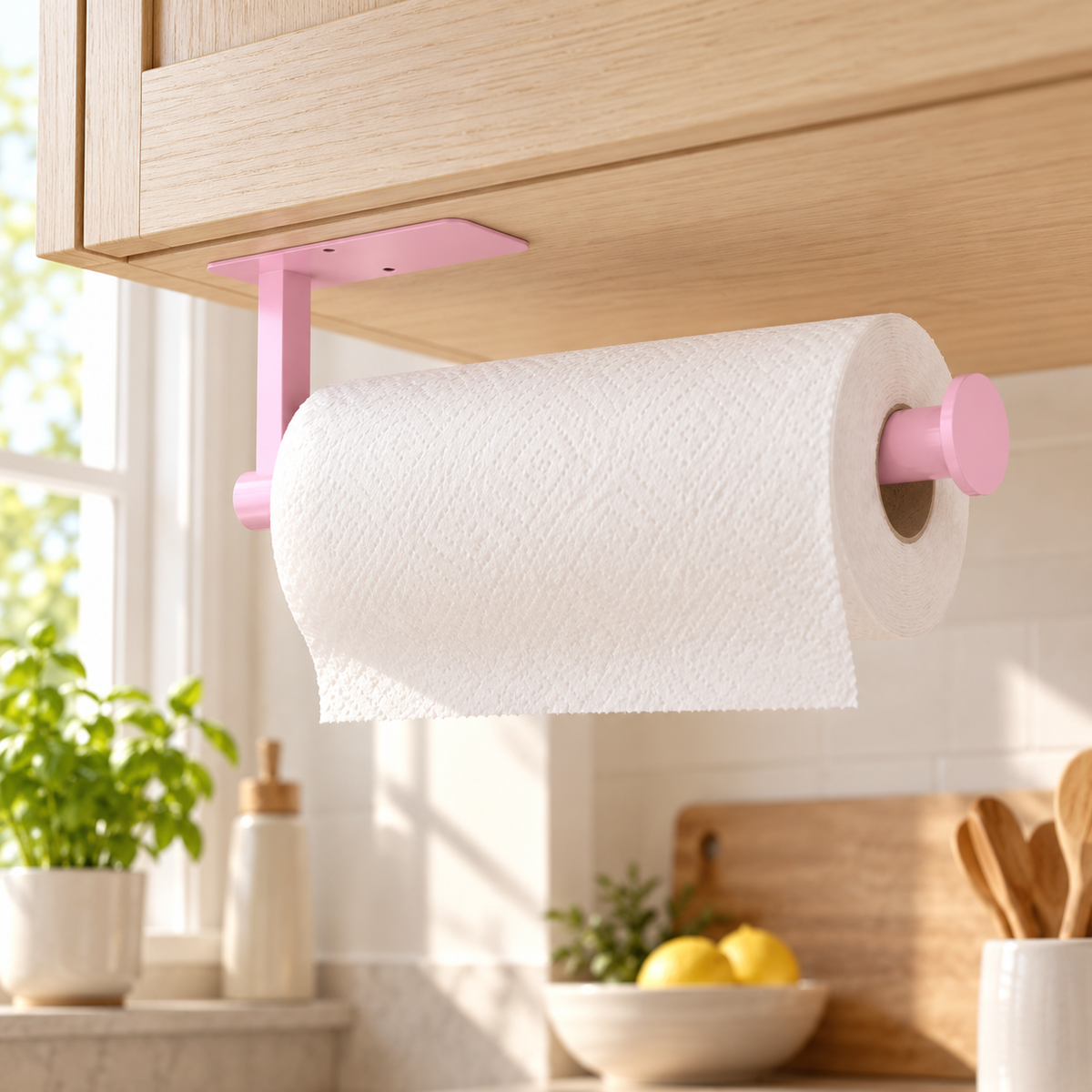 Pink under-cabinet paper towel holder shown with a white paper towel roll as a styling prop. Paper towels and styling props not included.