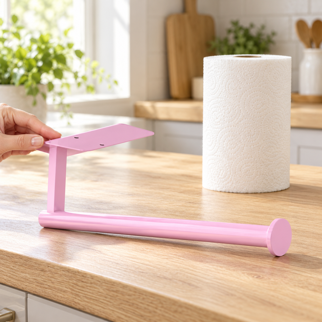 Pink paper towel holder steadied by a hand on a kitchen counter beside a separate paper towel roll prop. Paper towels and styling props not included.